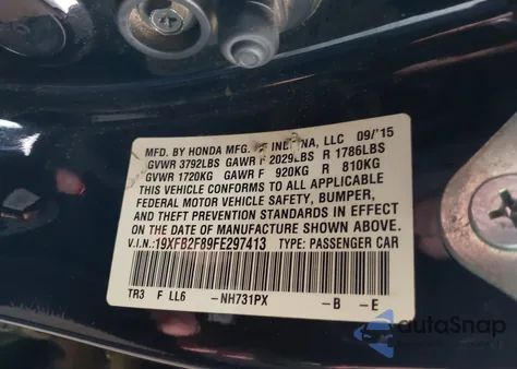 2015 Honda Civic Ex z USA, uszkodzony, nr VIN 19XFB2F89FE297413